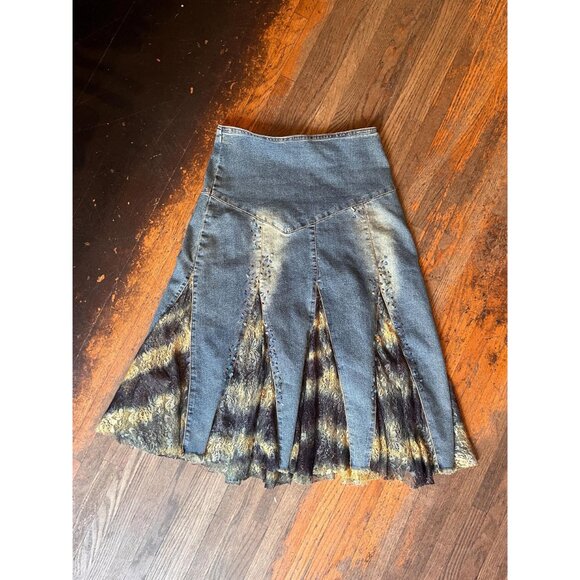 Vintage Y2K Denim Midi Skirt | Boho Lace Panel Pleated Flare | Size 29" - Picture 5 of 7